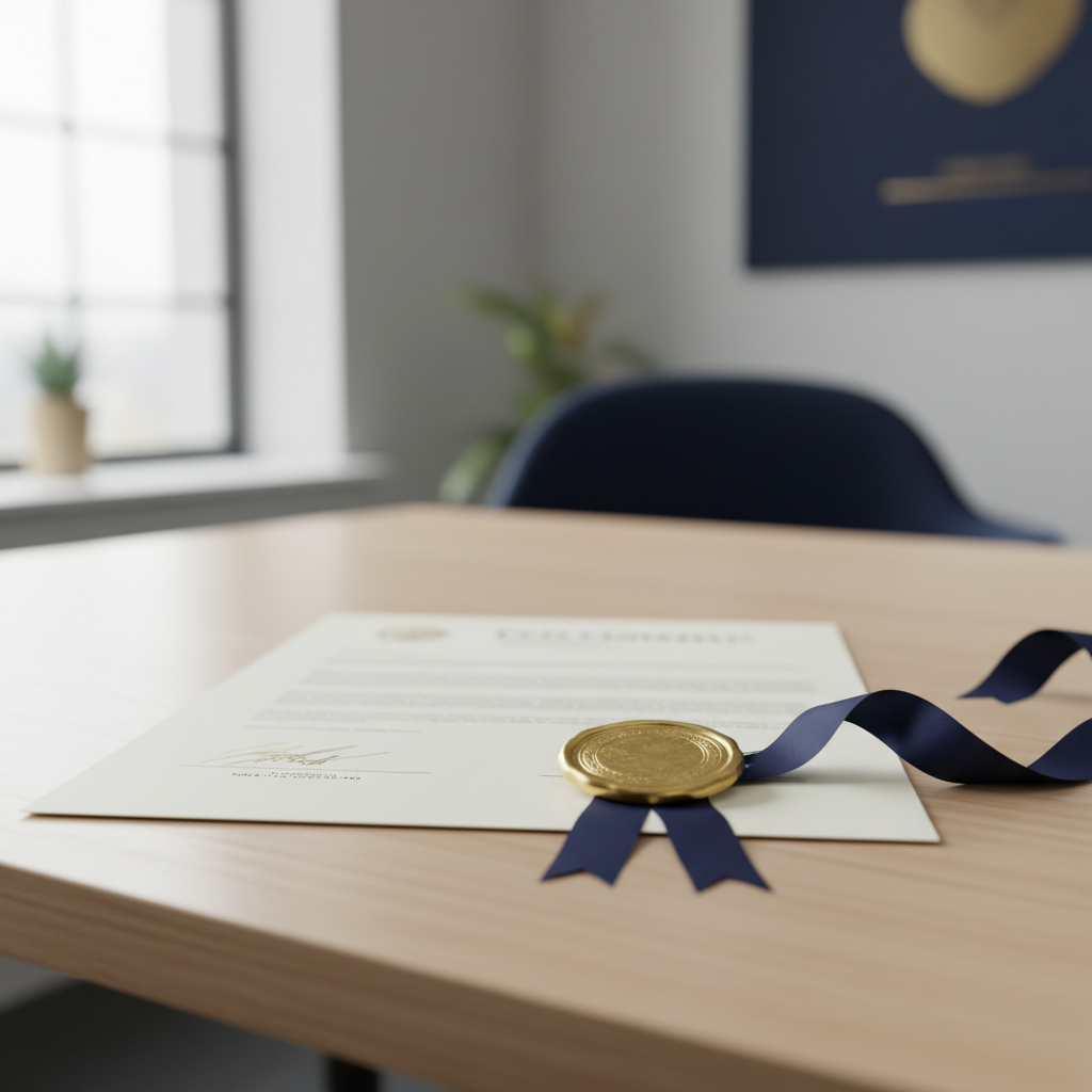 Certificate document with an official seal and ribbon